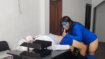 The doctor has sex with his secretary in the customer service office she rides him very sensually on the desk at work