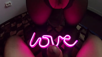 Girl with big ass in sexy pantyhose sucks dick and fucks cowgirl and doggystyle by the light of pink lamp love amateur couple sex pov