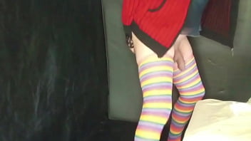 Woman pegging with strap on fucks guy with female panties and ejaculates without touching herself