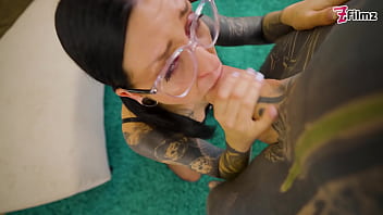 Cock hungry tattooed teen in glasses get anal fucked by a big dick