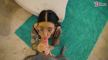 Cock hungry tattooed teen in glasses get anal fucked by a big dick