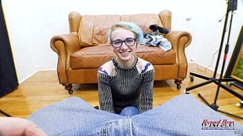 Blue haired nerdy raven masturbates and sucks a big cock to swallow cum