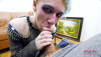 Blue haired nerdy raven masturbates and sucks a big cock to swallow cum