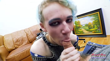 Blue haired nerdy raven masturbates and sucks a big cock to swallow cum