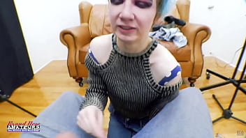 Blue haired nerdy raven masturbates and sucks a big cock to swallow cum