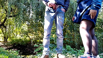 Curvy masturbating milf jerks my dick outdoors