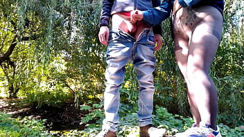 Curvy masturbating milf jerks my dick outdoors