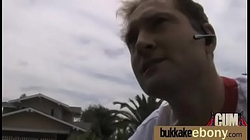 Ebony babe sucks group of white guys 2