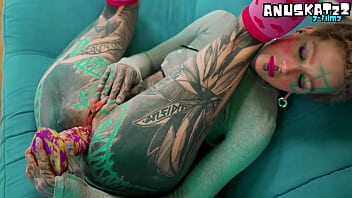 Skinny tattooed slut's anal ma fingering and toys stretch her tight asshole