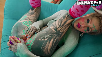 Skinny tattooed slut's anal ma fingering and toys stretch her tight asshole