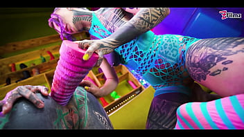 Tattooed lesbians go deep with massive toys — atm gaping holes and raw real orgasms