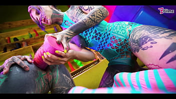 Tattooed lesbians go deep with massive toys — atm gaping holes and raw real orgasms