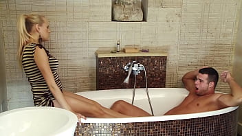 Hot bathroom sex with lover ends with cum on her feet