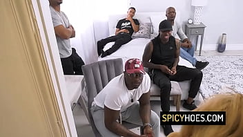 Petite babe gets her hairy pussy destroyed in a group sex