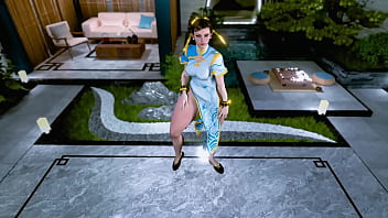 Curvy shameless chun li dance alone in lewd chinese dress in the garden
