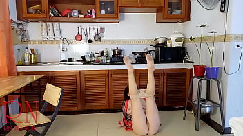 Housewife in pantyhose in the kitchen naked maid gets an orgasm while cooking c1 234