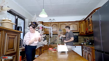 Emmita's big tits bounce in xmas kitchen fuck with terry's hard anal finish