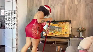 Bbw christmas cleaning in a festive transparent dress