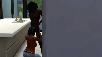 Chocolate babe giving head in the kitchen