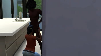 Chocolate babe giving head in the kitchen