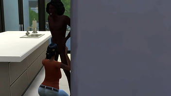 Chocolate babe giving head in the kitchen