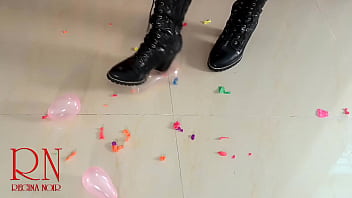 Small balloons pop with high heels boots full