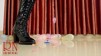 Small balloons pop with high heels boots full