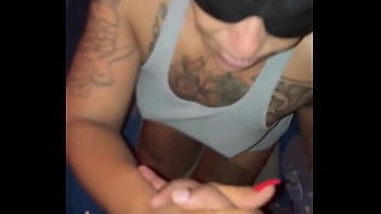 Blind folded light skin tatted big booty ebony cheating step sister sucking & fucking her big brother’s bbc