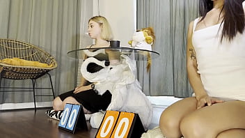 Sexy And Beautiful Petite Brunette Cheerleader And Her Bff Try To Get As Much As Precum And Cum From An Older Guy By Balls Massaging And Dice Throwing Challenge With Dick Stroking And Tease thumbnail