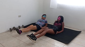 Latin step sisters do aerobics in a very sexy way they show off their sensual buttocks and wet vaginas