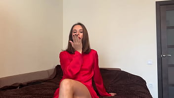 Sweet milf cassiemua in red dress and hot lingerie masturbation with a flogger