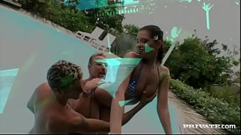 Veronica da souza lets two men play with her sexy parts poolside