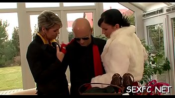 Dressed chicks take long dicks