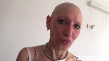 Submissive bald headed slave girl vilja enjoys an intense sloppy deepthroat & facefuck session with a cumshot in her eyes