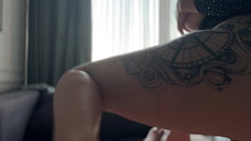 Blonde bombshell is fucked on sofa massive cum all over her bust