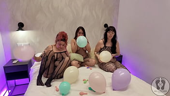 Pussies party inflating balloons blowing them up in fishnets