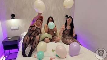Pussies party inflating balloons blowing them up in fishnets