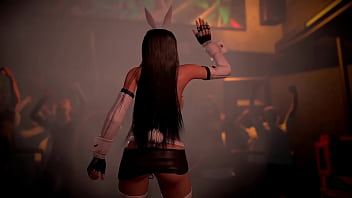 Lewd athletic tifa in rabbit costume entertains clients with erotic dance