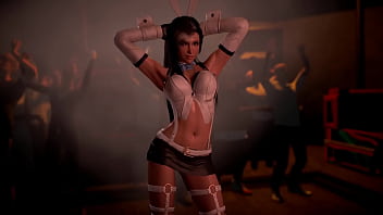 Lewd athletic tifa in rabbit costume entertains clients with erotic dance