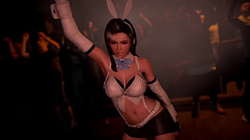 Lewd athletic tifa in rabbit costume entertains clients with erotic dance