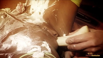 Babe covered in whipped cream gets to share two big cocks