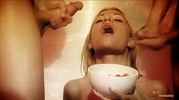 Babe covered in whipped cream gets to share two big cocks