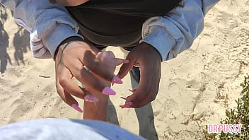 Pregnant woman is abandoned by her husband and masturbates a stranger on the beach without him knowing until she gets all the milk out like a nymphomaniac and even lets him touch her big breasts