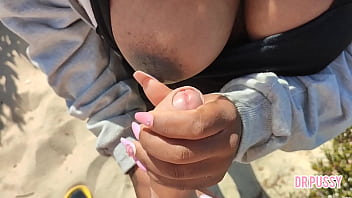 Pregnant woman is abandoned by her husband and masturbates a stranger on the beach without him knowing until she gets all the milk out like a nymphomaniac and even lets him touch her big breasts