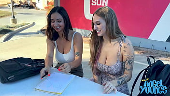 Frat boy max picks up angel youngs and hailey rose in college campus