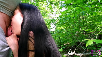 Young black haired cocksucker made fat cock cum in the forest