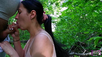 Young black haired cocksucker made fat cock cum in the forest