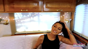 Busty inked cutie raven lane sucks a big cock and gets her pussy pounded