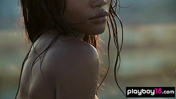 Bombastic black teen hottie posing naked outdoor for playboy