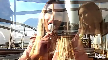 The horny slim college babe blows massive boner